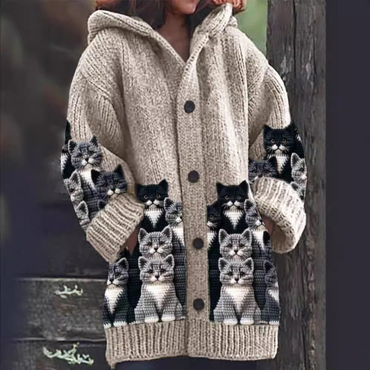 Long Hooded Cardigan | Cat Print Design