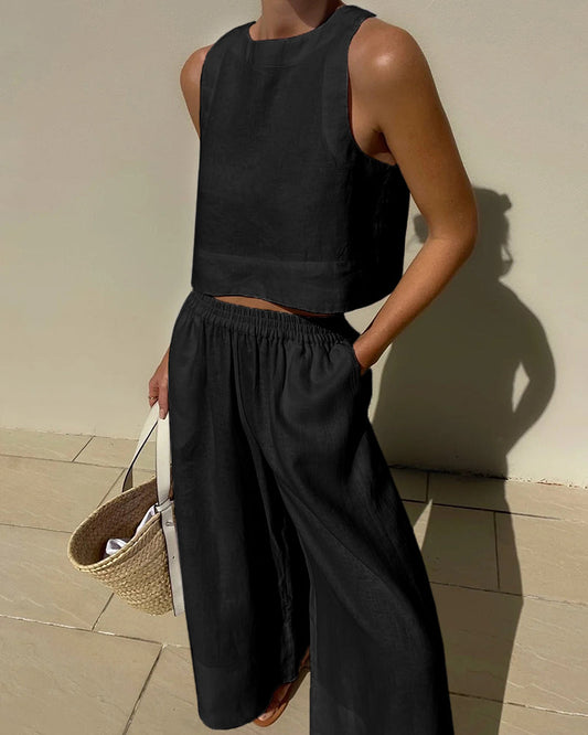 Two Piece Linen Set Women's Wide Leg
