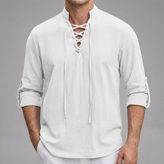 Men’s Henley Lace-Up Long Sleeve Shirt