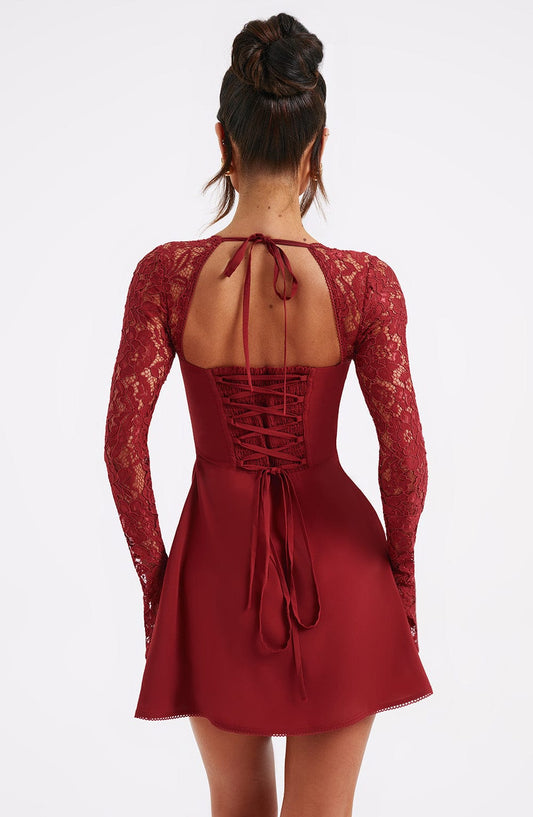 Women’s Long Sleeve A Line Mini Dress | Cupped Bust Tie Front