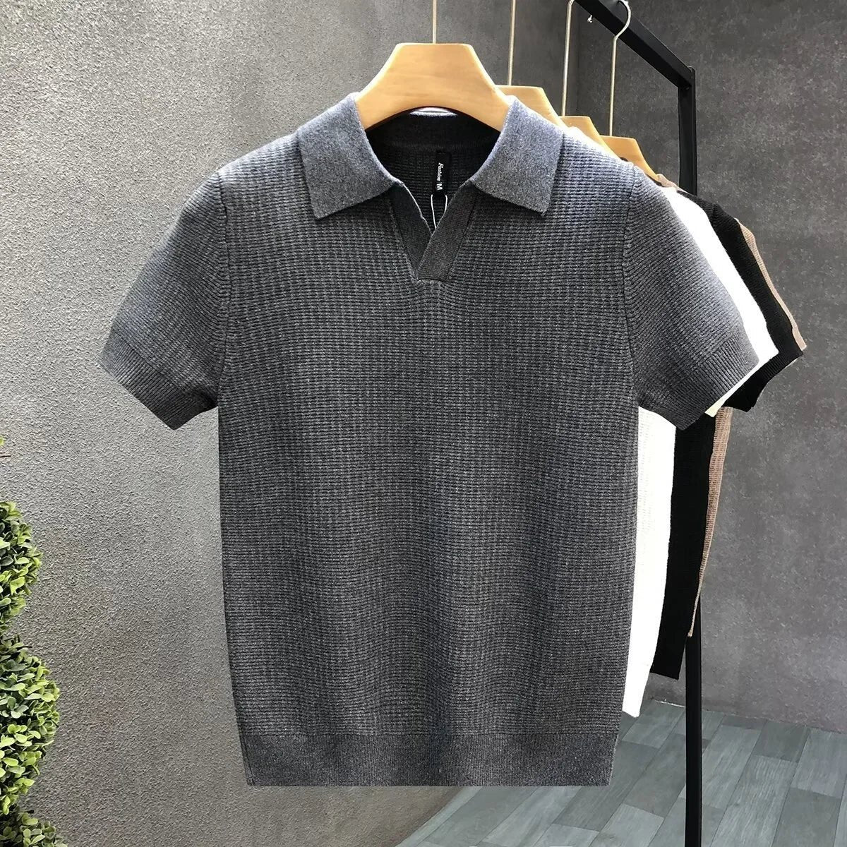 Men's Relaxed Knit Polo Shirt with Open Collar Side