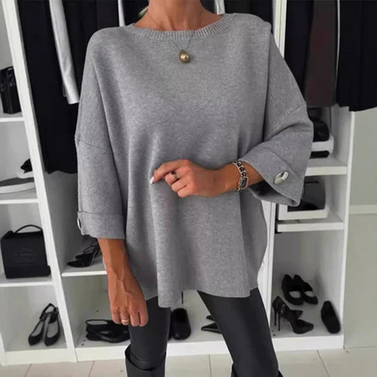 Long Sleeve Sweater Top | Relaxed Fit with Button Sleeves