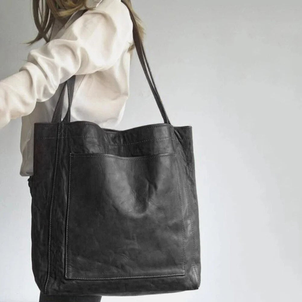Women's Brown Leather Tote Bag with Front Pocket Close Up