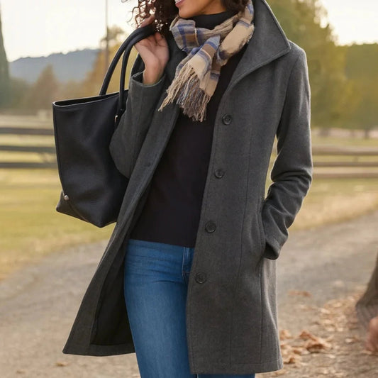 Women's Classic Mid-Length Wool-Blend Coat with Button Front Front