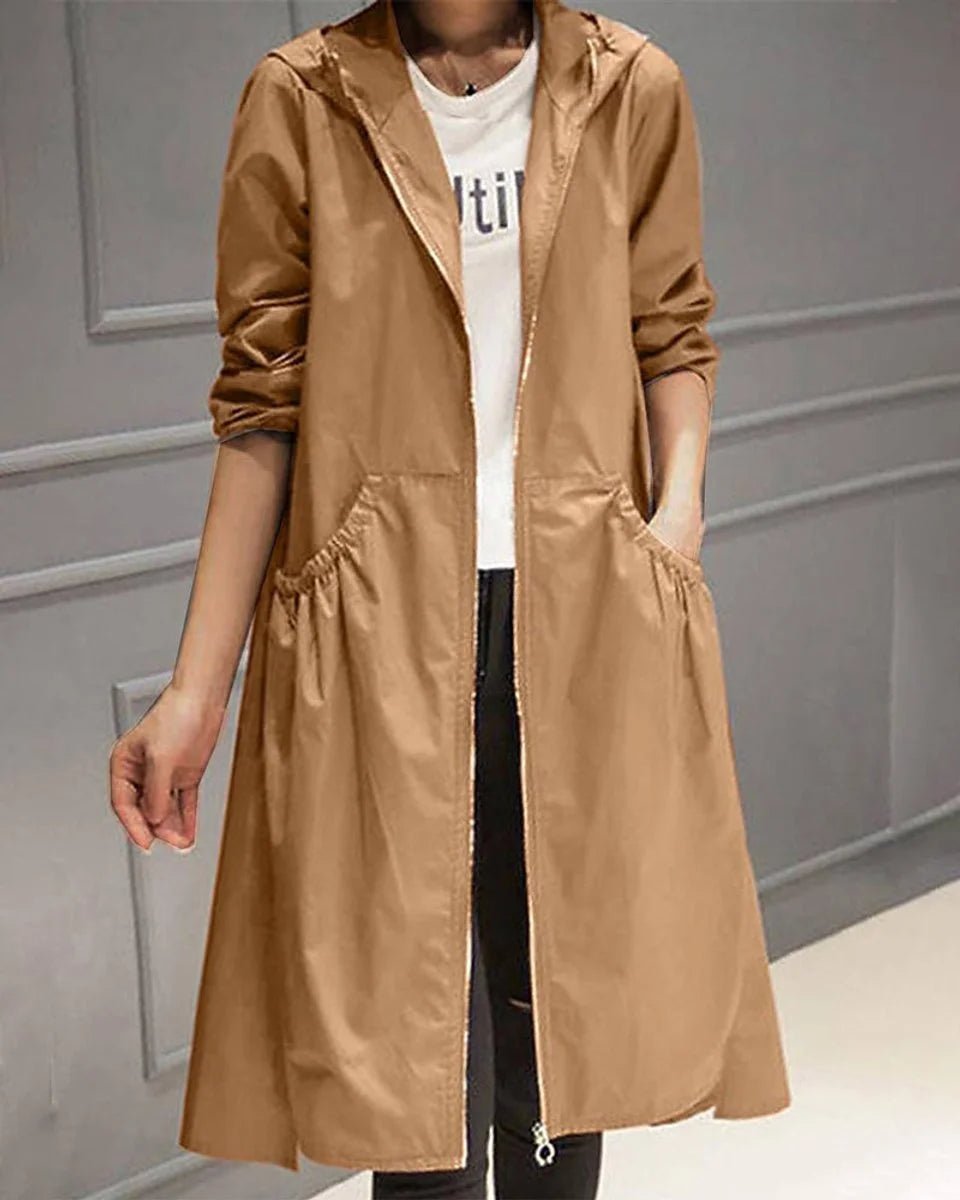 Women's Hooded Waterproof Long Trench Coat with Zip Front Close Up