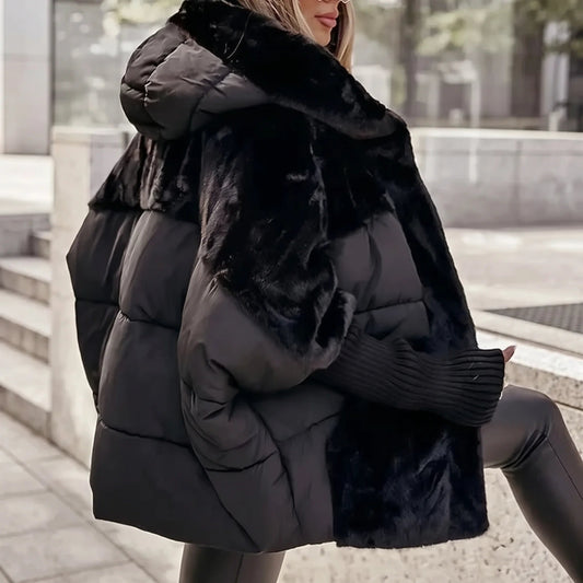 Women's Plush Hooded Coat with Quilted Faux Fur Detail Front