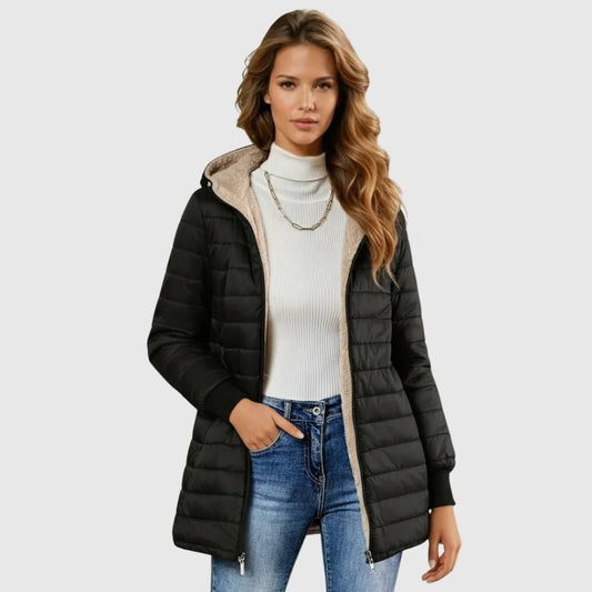 Women's Sherpa-Lined Puffer Jacket with Ribbed Cuffs and Hood Front