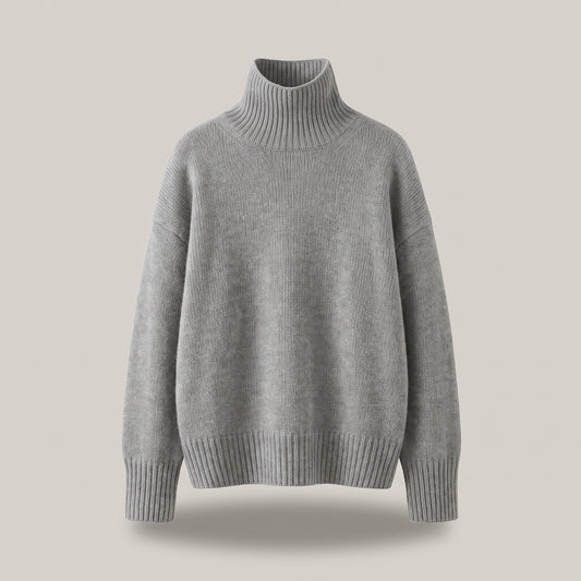 Women's Wool High-Neck Sweater with Dropped Shoulder Close Up