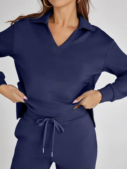 Loungewear Set | V Neck Top with Wide Leg Trousers