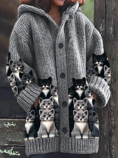 Long Hooded Cardigan | Cat Print Design