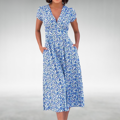 Women's Summer Floral V Neck Button Front Midi Dress