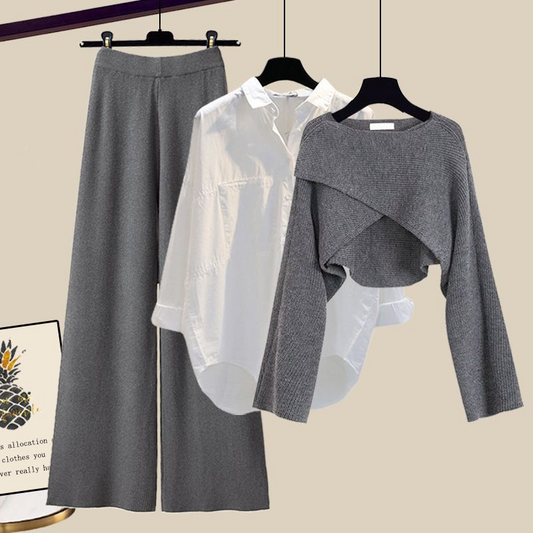 3 Piece Outfit Set | Wide Leg Trousers with Shirt and Top