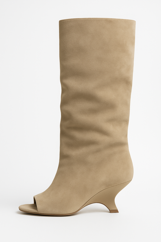 Knee High Boots | Peep Toe Sculpted Wedge Heel