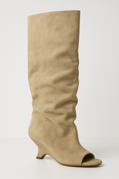 Knee High Boots | Peep Toe Sculpted Wedge Heel