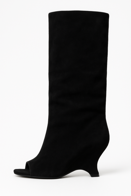Knee High Boots | Peep Toe Sculpted Wedge Heel