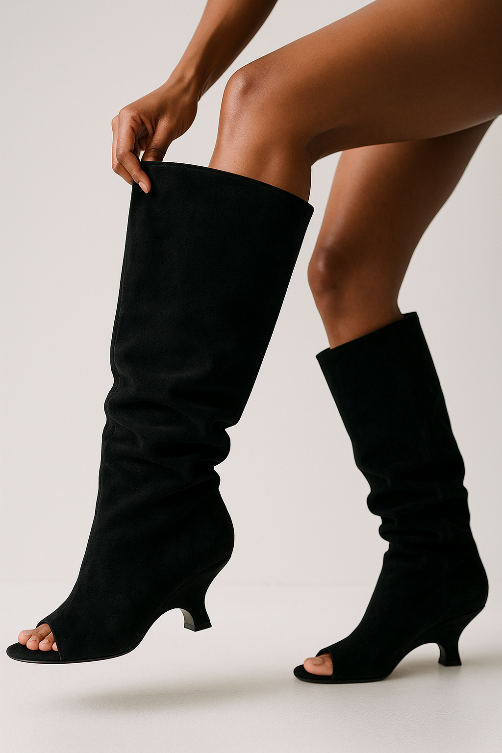 Knee High Boots | Peep Toe Sculpted Wedge Heel