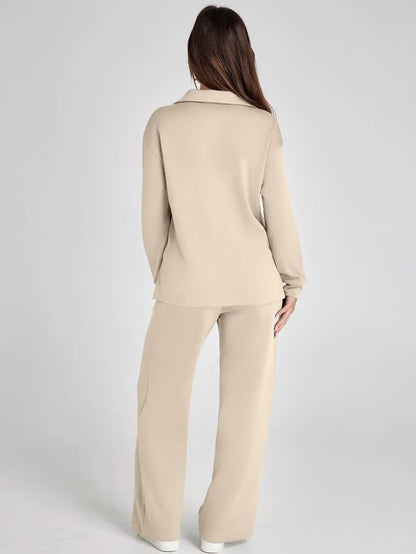 Loungewear Set | V Neck Top with Wide Leg Trousers