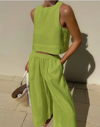 Two Piece Linen Set Women's Wide Leg