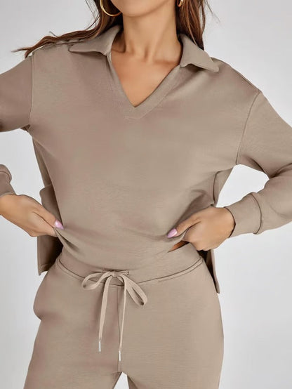 Loungewear Set | V Neck Top with Wide Leg Trousers