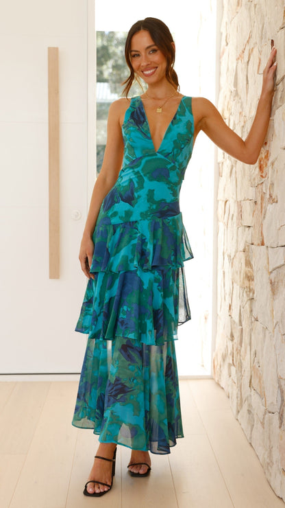 Women's Elegant V-Neck Tiered Maxi Dress