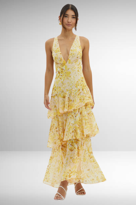 Women's Elegant V-Neck Tiered Maxi Dress