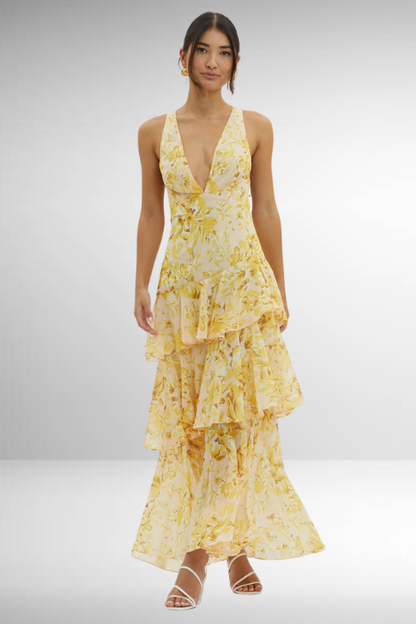Women's Elegant V-Neck Tiered Maxi Dress