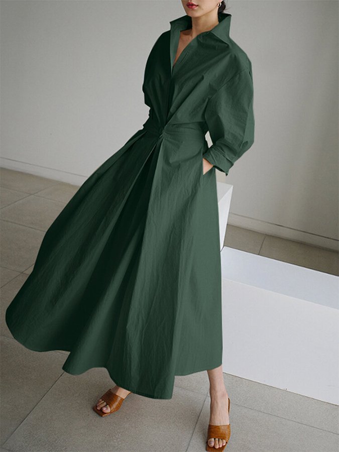 Women's Elegant Collared Belted Shirt Dress
