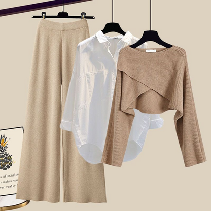 3 Piece Outfit Set | Wide Leg Trousers with Shirt and Top