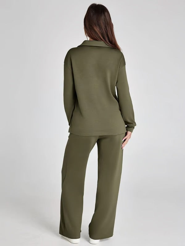 Loungewear Set | V Neck Top with Wide Leg Trousers