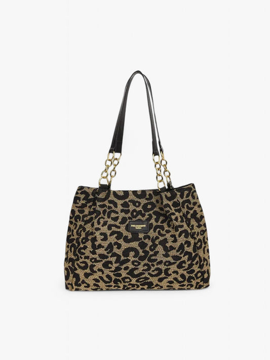Women's Leopard Print Large Shoulder Tote Bag Gold Chain Details