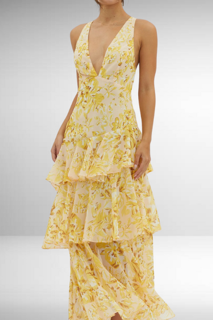 Women's Elegant V-Neck Tiered Maxi Dress