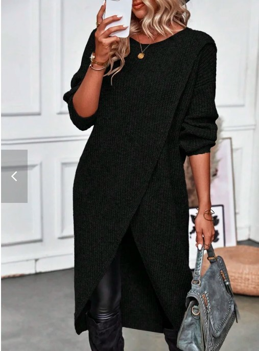 Knit Midi Wrap Dress | Long Sleeve Asymmetric Hem