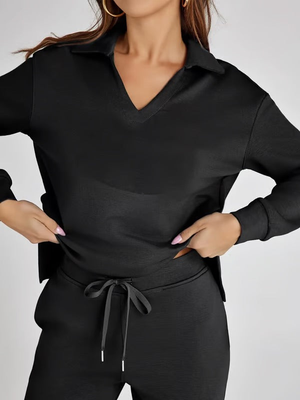 Loungewear Set | V Neck Top with Wide Leg Trousers