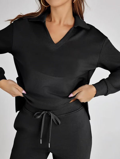 Loungewear Set | V Neck Top with Wide Leg Trousers