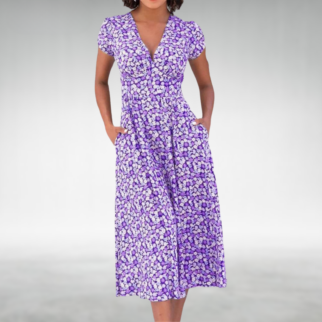 Women's Summer Floral V Neck Button Front Midi Dress