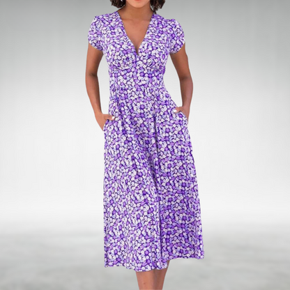 Women's Summer Floral V Neck Button Front Midi Dress