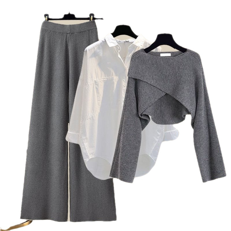 3 Piece Outfit Set | Wide Leg Trousers with Shirt and Top