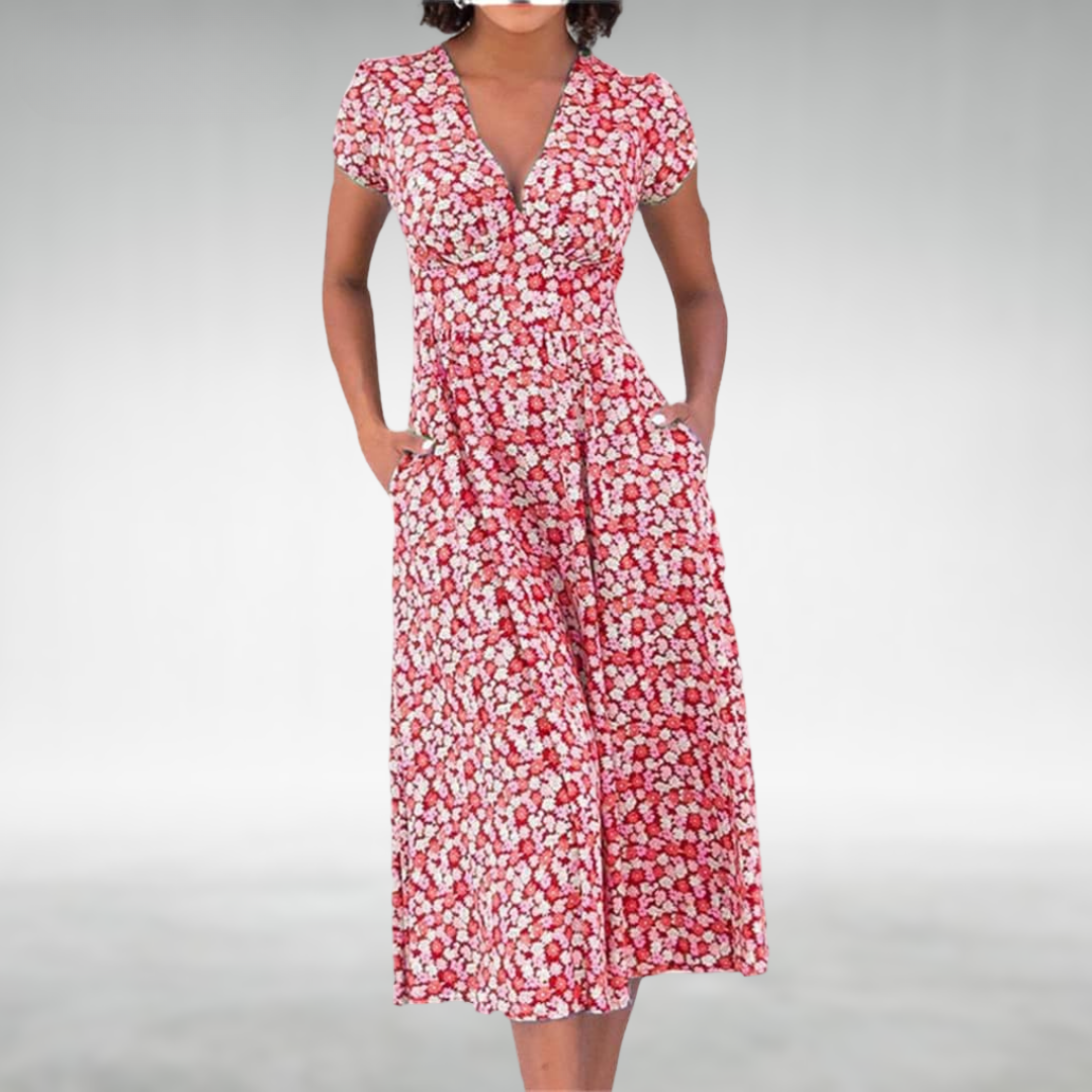 Women's Summer Floral V Neck Button Front Midi Dress