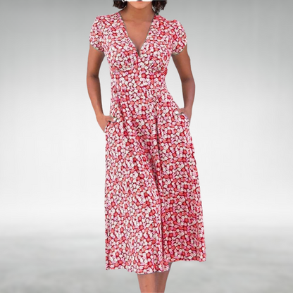 Women's Summer Floral V Neck Button Front Midi Dress