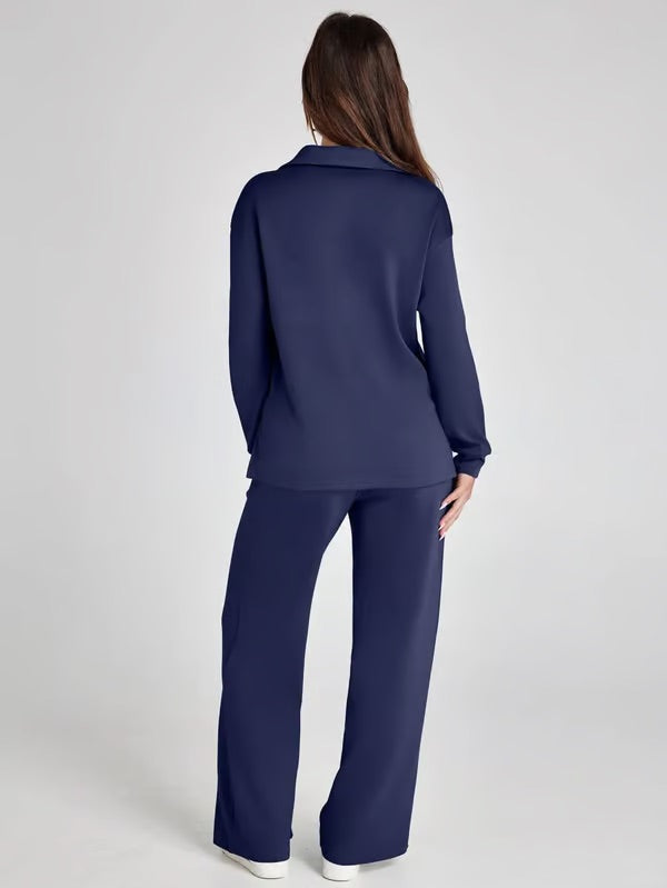 Loungewear Set | V Neck Top with Wide Leg Trousers
