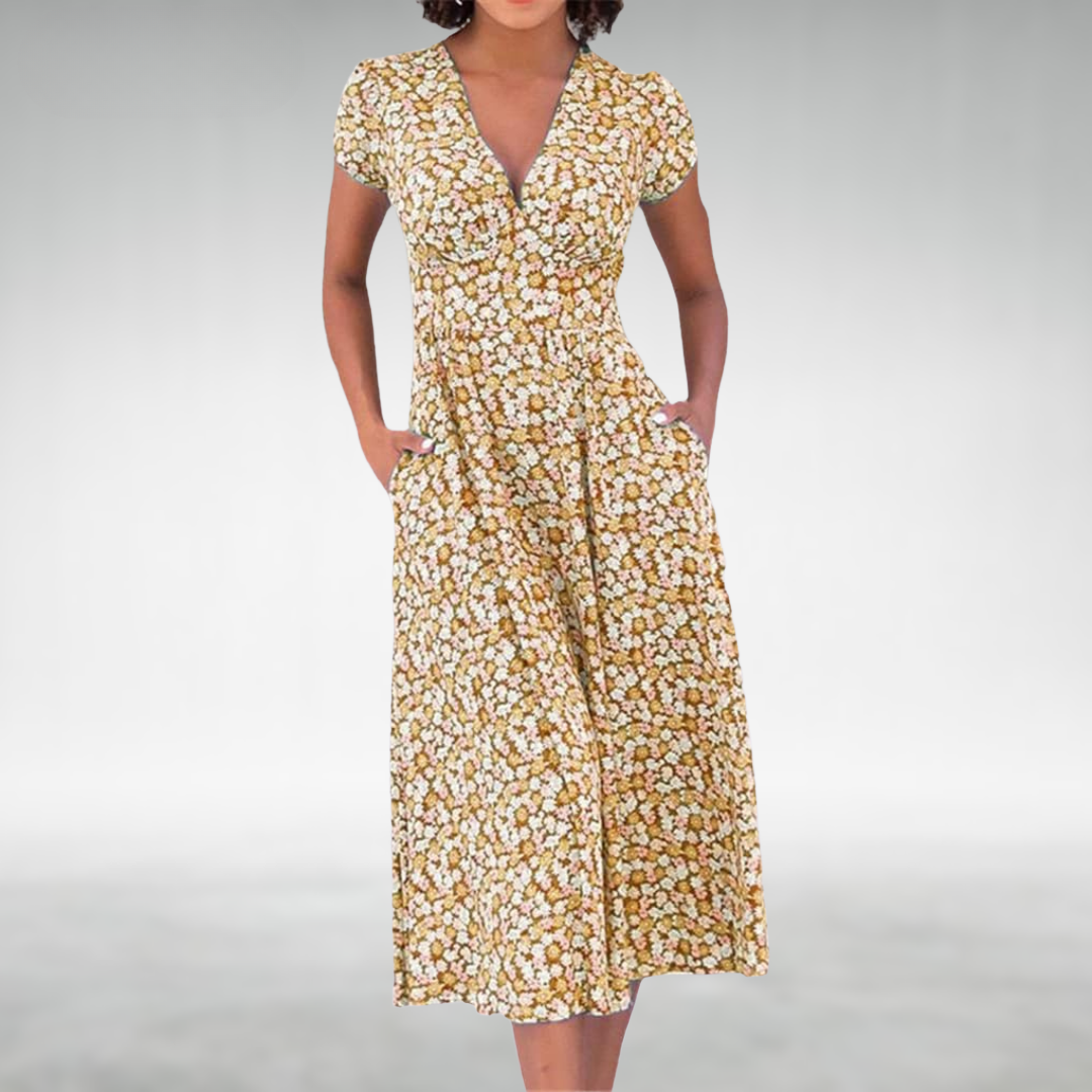 Women's Summer Floral V Neck Button Front Midi Dress