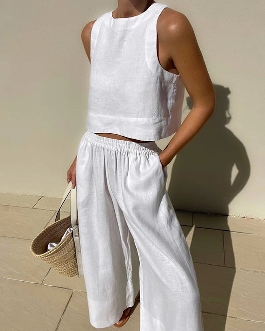 Two Piece Linen Set Women's Wide Leg