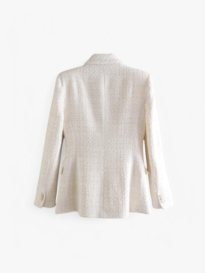 Women's Elegant Textured Tweed Fitted Blazer Jacket with Gold Buttons