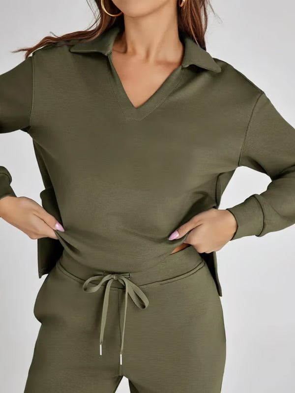 Loungewear Set | V Neck Top with Wide Leg Trousers