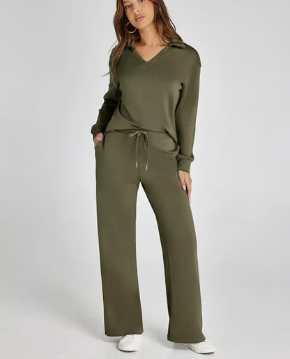 Loungewear Set | V Neck Top with Wide Leg Trousers