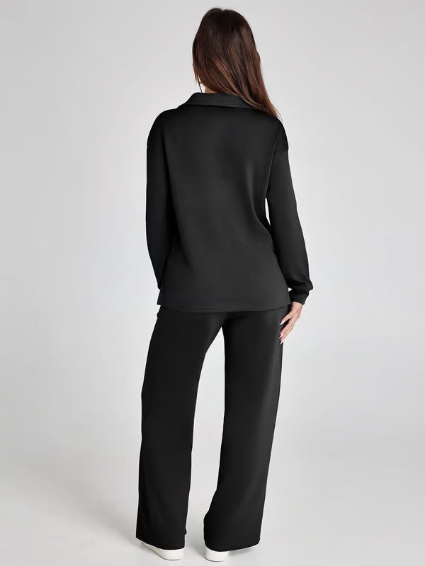 Loungewear Set | V Neck Top with Wide Leg Trousers