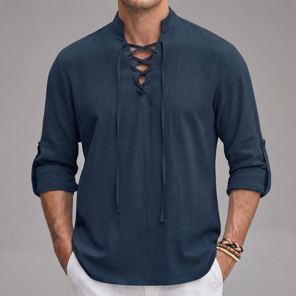 Men’s Henley Lace-Up Long Sleeve Shirt