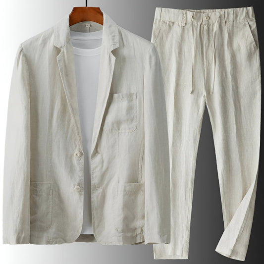 Men’s Two-Piece Linen Suit with Drawstring Trousers