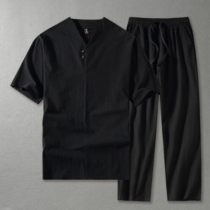 Linen Co-Ord Set Men's V Neck Trousers