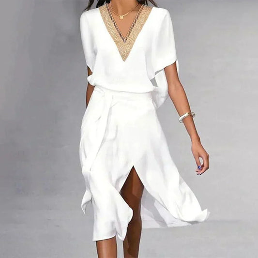 Women's V Neck Tie Waist Midi Dress